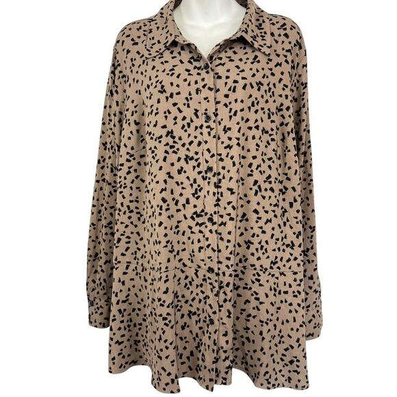 Susan Graver Stretch Knit Button Up Long Sleeve Top Shirt Blouse Beige Black 1X - Picture 1 of 16